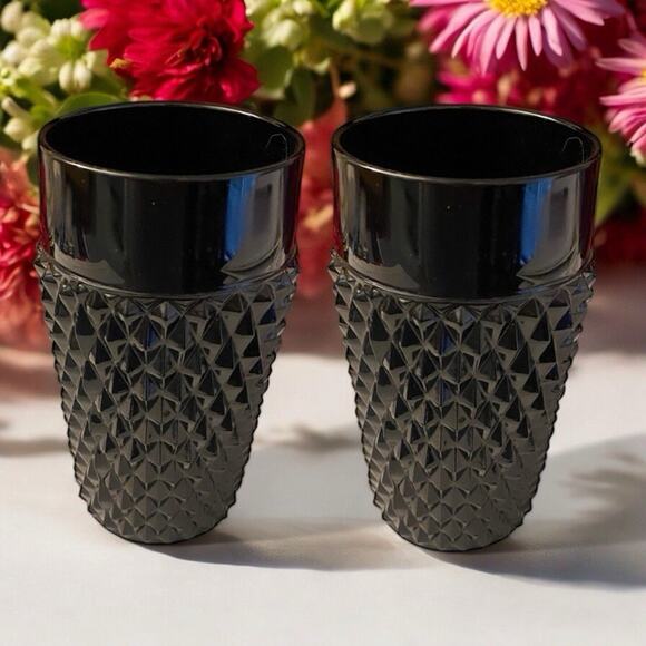 Vtg Set of 2 Indiana Glass Tiara Diamond Point Black Highball Ice Tea Glasses - Picture 2 of 7